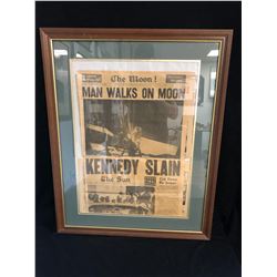 VINTAGE 1963 FRAMED NEWSPAPERS (MAN WALKS ON THE MOON/ KENNEDY SLAIN)