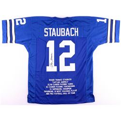 Roger Staubach Signed Career Highlight Stat Jersey (JSA COA)