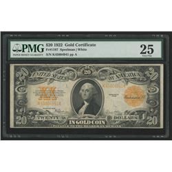 1922 $20 Twenty Dollars U.S. Gold Certificate Large Size Bank Note (PMG 25)