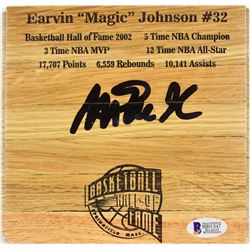 Magic Johnson Signed 6x6 Custom Engraved Wood Floorboard Piece (Beckett COA)