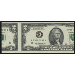 2013 $2 Two Dollars Green Seal Federal Reserve Note (Miscut)
