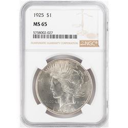 1925 $1 Peace Silver Dollar Coin NGC MS65