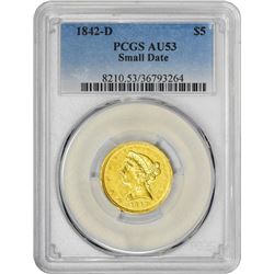 1842-D $5 Liberty Head Half Eagle Gold Coin PCGS AU53 Small Date