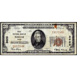 1929 $20 First NB of Dallas, TX CH# 3623 National Currency Note