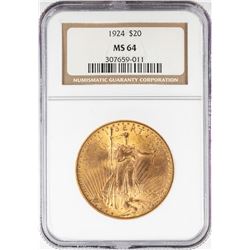 1924 $20 St. Gaudens Double Eagle Gold Coin NGC MS64