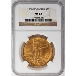 1908 No Motto $20 St. Gaudens Double Eagle Gold Coin NGC MS62