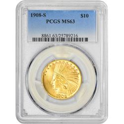 1908-S $10 Indian Head Eagle Gold Coin PCGS MS63