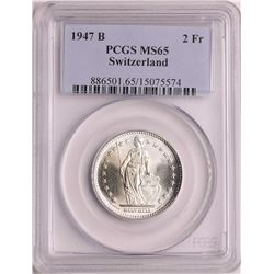 1947B Switzerland 2 Francs Silver Coin PCGS MS65