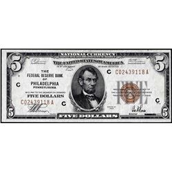 1929 $5 Federal Reserve Note Philadelphia
