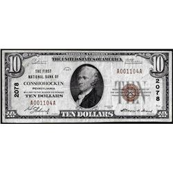 1929 $10 First NB of Conshohocken, PA CH# 2078 National Currency Note