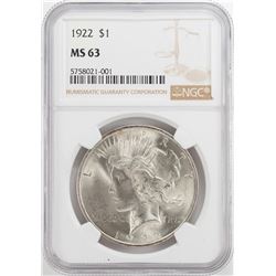 1922 $1 Peace Silver Dollar Coin NGC MS63