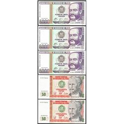 Lot of (5) 1987/1988 Peru Intis Uncirculated Bank Notes