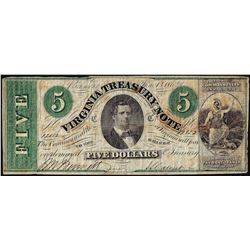1862 $5 Virginia Treasury Note Obsolete