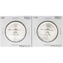 Lot of (2) Brilliant Uncirculated 1980 Mexico Una Onza Casas De Moneda Silver Coins