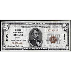 1929 $5 Mutual NB of Chicago, IL CH# 11092 National Currency Note
