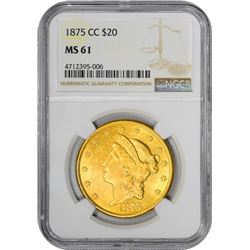 1875-CC $20 Liberty Head Double Eagle Gold Coin NGC MS61