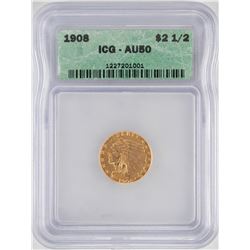 1908 $2 1/2 Indian Head Quarter Eagle Gold Coin ICG AU50