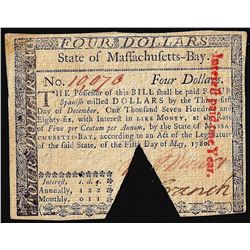 May 5, 1780 $4 State of Massachusetts Colonial Currency Note Cut Canceled