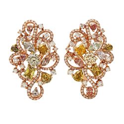 18k Three Tone Gold 5.64CTW Multicolor Dia, Pink Diamond and Diamond Earrings, (