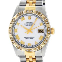 Rolex Mens 2 Tone 14K MOP Roman Pyramid Diamond Bezel Datejust Wristwatch