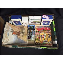 Vintage Box Lot  Penquin Book of Comics,Baseball Ornaments, Trains in Boxes etc