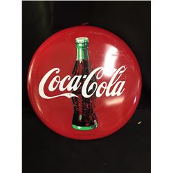 Original 1990 Coca Cola Button Sign 16  Diameter Heavy Steel Some Scratches