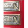 Image 2 : 2 1954 $5  Bank of Canada Banknotes in a Protective Sleeves
