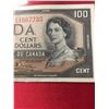 Image 2 : 1954 $100 Bank of Canada Banknote in a Protective Sleeve