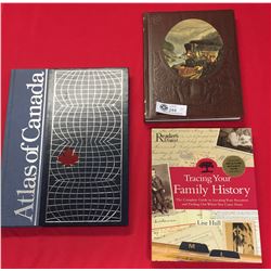 3 Hard Cover Coffee Table Books. Atlas of Canada, Reader's Digest Tracing your Family's History, Tim