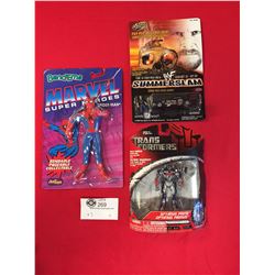 3 Miscellaneous New in Package Figures. Marvel Spiderman, Optimus Prime Key Chain, and Summer Slam S