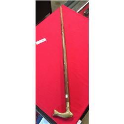 Vintage Walking Cane with Brass Fish Handle and Brass Inlays 37.5   In Very Good Condition