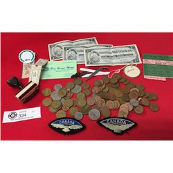 Vintage Miscellaneous Lot. Coins, world Coins, Pennies, Airforce Patches, Canadian Tire Money