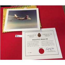 31 Years Certificate of Service The Canadian Armed Forces Plus a 15 x 12 Photo of a Fighter Jet Refu