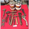 Image 1 : Lot of Old Tools Wrenches, Hammers, Tin Snips plus 4 Edwards Coffee Tins.