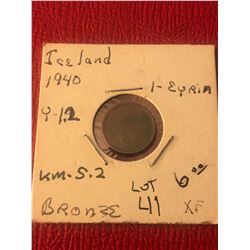 Rare 1940 Iceland 1 Eyria in Extra Fine Grade