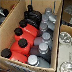 BOX OF 5W-30 DIESEL SYNTHETIC MOTOR OIL, A+F FLUID, GEAR OIL, AND OW-20 OIL