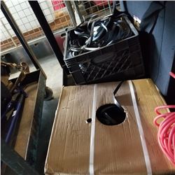 CRATE OF PLASTIC STRAPPING AND TENSIONTOOL W/ BOX OF PLASTIC STRAPPING