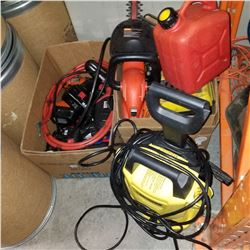 KARCHER ELECTRIC POWER WASHER, BOX OF TOOLBOX, EXTENSION CORDS, BOX OF CORDLESS TOOLS