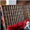 Image 2 : WOOD HARDWARE ORGANIZER FULL OF JARS OF HARDWARE AND RED TOTE OF HARDWARE