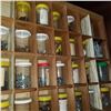 Image 7 : WOOD HARDWARE ORGANIZER FULL OF JARS OF HARDWARE AND RED TOTE OF HARDWARE