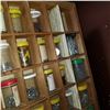 Image 8 : WOOD HARDWARE ORGANIZER FULL OF JARS OF HARDWARE AND RED TOTE OF HARDWARE