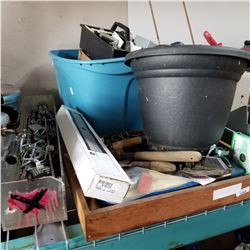 BLUE TOTE OF CUTTING DISCS AND BIN AND TRAY OF TOOLS