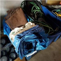 TOTE OF GARDEN HOSE, AND TOTE OF TARP AND DROP SHEETS
