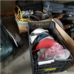 BIN OF HARD HATS, BOX OF CORDLESS DRILLS, AND EXTENSION CORD