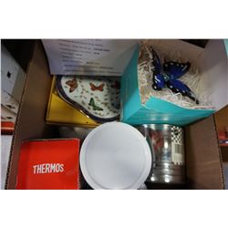 BOX OF KITCHEN ITEMS - SOME NEW, THERMOS, SIFTER, AND MARBLE ROLLING PIN