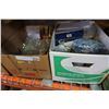 Image 1 : 2 BOXES OF CRYSTAL, KITCHEN ITEMS, AND HEATING PADS