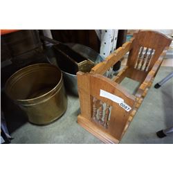 WOOD WINE RACK, GALVANIZED TUB, BRASS PLATTER, AND WOOD FIRE BOX