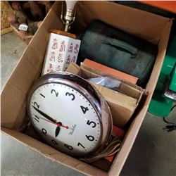 BOX OF WALL CLOCK, EASTERN TABLE LAMP AND ESTATE GOODS
