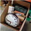 Image 1 : BOX OF WALL CLOCK, EASTERN TABLE LAMP AND ESTATE GOODS