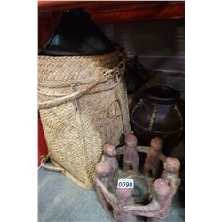 WICKER BACK PACK, LANTERN, FRIENDLY CIRCLE CANDLE HOLDER, AND BOX OF DECOR